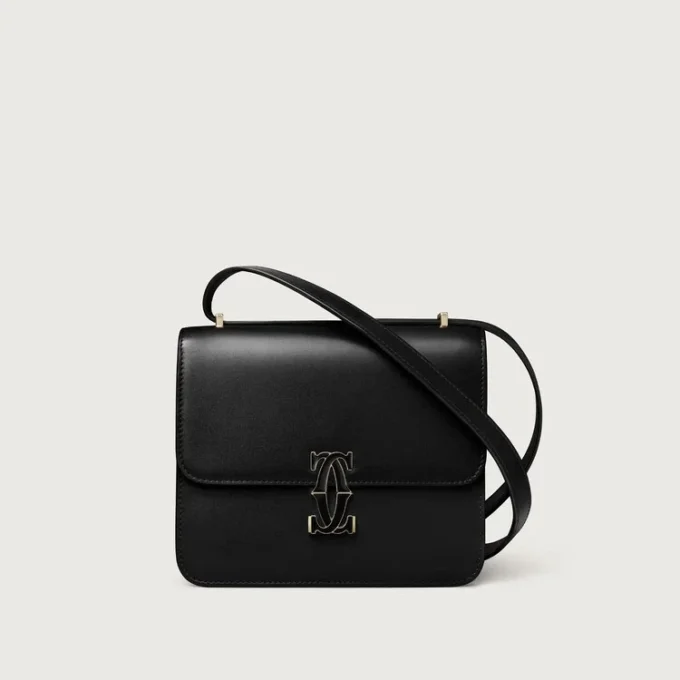 Τσάντα ώμου, Mini, Double C De Cartier – Μαύρο δέρμα μοσχαριού, φινίρισμα σε χρυσό και μαύρο σμάλτο – Cartier