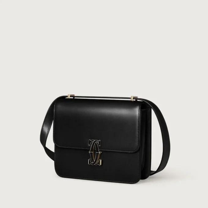 Τσάντα ώμου, Mini, Double C De Cartier – Μαύρο δέρμα μοσχαριού, φινίρισμα σε χρυσό και μαύρο σμάλτο – Cartier